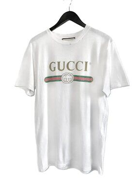 Gucci White Logo Flower Embroidered Distressed Oversized T-Shirt